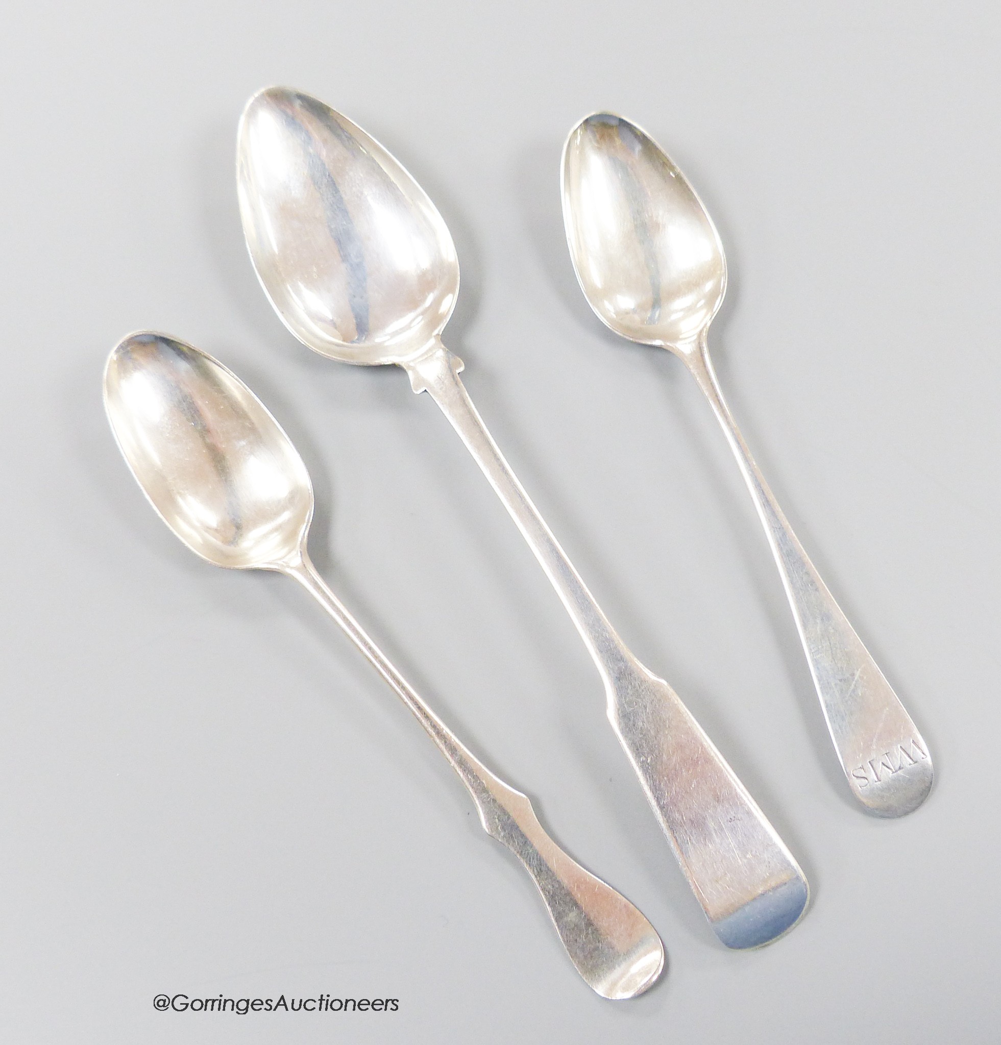 A19th century Scottish provincial silver fiddle pattern teaspoon, Robert Robertson, Cupar, c.1840, 15.1cm and two other smaller teaspoons, Nathaniel Gillert, Aberdeen, c.1800 and William Taylor, Edinburgh, c. 1770, gross